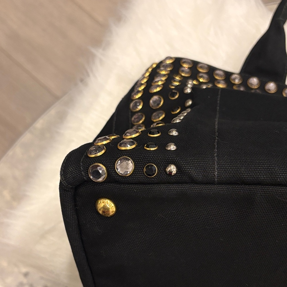 Beautiful Prada ❤️ Crystal Studded Black Denim Canapa Tote Bag - Picture 6 of 16